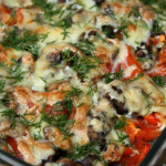 Грибы, запеченные с баклажанами и перцем